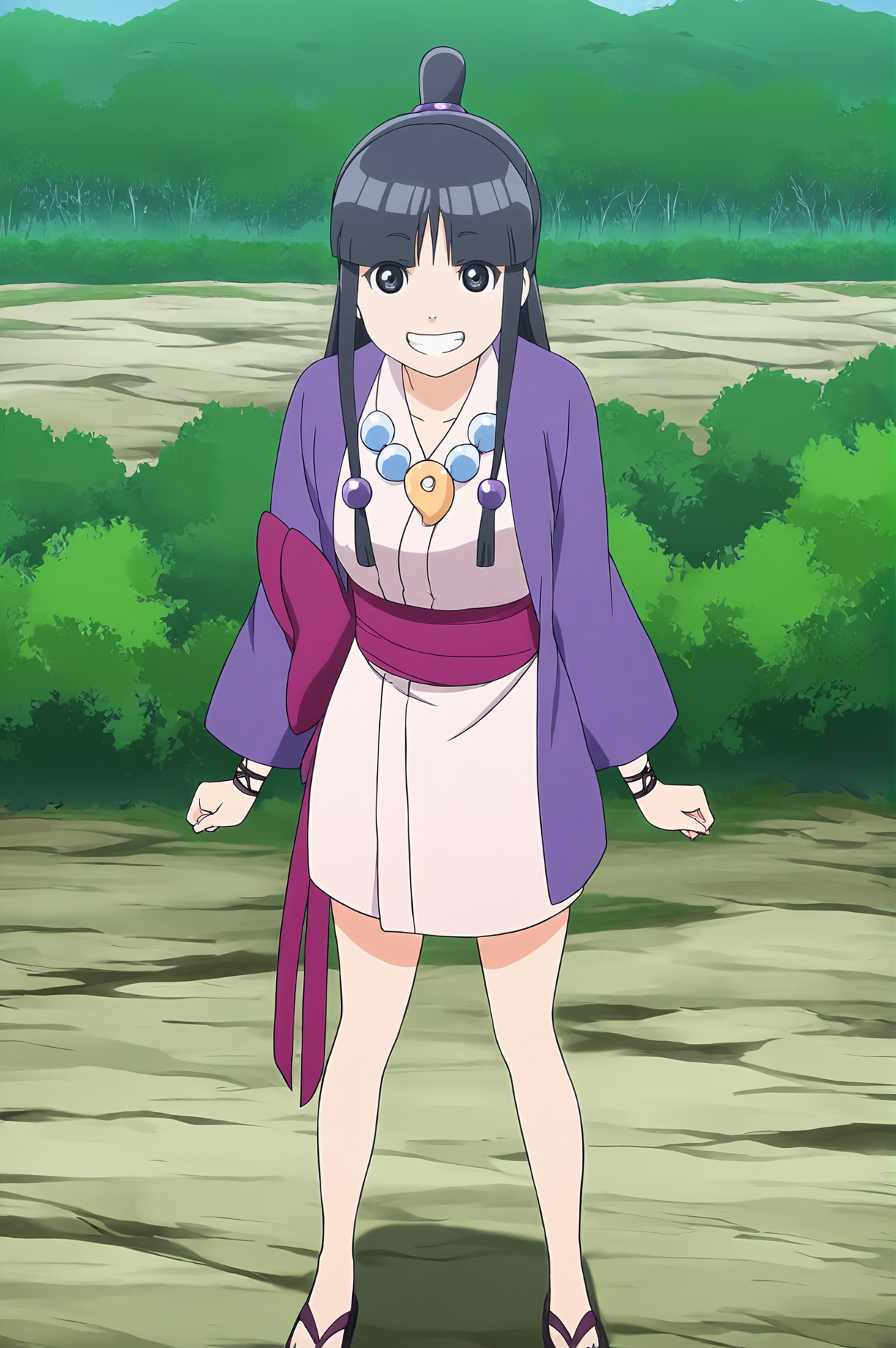 anime screencap,anime coloring,detailed face,masterpiece,best quality,very aesthetic,absurdres,amazing quality,ultra detailed,highres,amazing quality,scenery,beautiful detailed hair,beautiful detailed eyes,official anime artwork,<lora:Maya Fey-IL V1:1>,Maya Fey,1girl,solo,black hair,japanese clothes,long hair,magatama,jewelry,necklace,half updo,hair ornament,sash,blunt bangs,black eyes,looking at viewer,grin,sandals,kimono,hanten \(clothes\),sidelocks,short kimono,