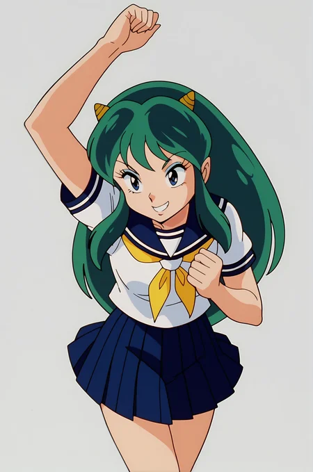 score_9, score_8_up, score_7_up, source anime, anime, animification, anime screencap, anime coloring, vivid colors, shiny skin, skindentation, deep skin, depth of field, high quality, highres, (dynamic angle,dynamic pose),
lumpierrot, 1girl, solo, long hair, smile, blue eyes, skirt, shirt, school uniform, white shirt, short sleeves, pleated skirt, green hair, horns, sky, serafuku, sailor collar, simple background, white background, blue skirt, neckerchief, makeup, eyeshadow, retro artstyle, yellow neckerchief, 1980s (style), lum
BREAK
masterpiece,high quality
<lora:Lum_Pierrot_StylePony:0.9>