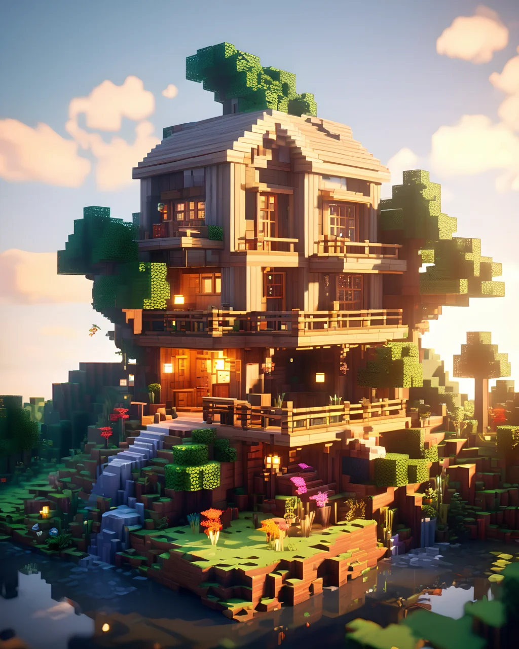 Blocky and pixelated aesthetic,pixel art,4k,realistic,game CG rendering,nature light,shadows,minecraft,<lora:minecraft:1>,
tree house