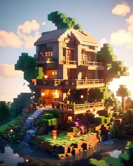 Blocky and pixelated aesthetic,pixel art,4k,realistic,game CG rendering,nature light,shadows,minecraft,<lora:minecraft:1>,
tree house
