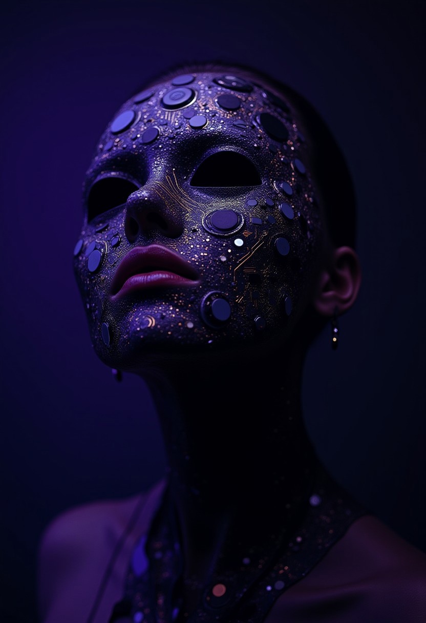 A woman stands in a dimly lit room, her half-figure form composed of intricate circuit boards, motherboards, and electronic components (1.5). Her detachable faceplate, crafted from sleek circuit board fragments, capacitors, and etched circuitry, is held delicately in her hand (1.6). The faceplate’s hollow, lifeless sockets and fine gold-traced pathways glint faintly in the room’s dim purple light. In her other hand, she cradles the face as though it were a delicate mask, revealing the dense, layered mechanics beneath. Beneath her removed faceplate lies a detailed assembly of electronics and hardware. Her exposed "face" is constructed from tightly packed motherboards, ribbon cables, and clusters of capacitors, resistors, and microchips. Thin, branching wires run across her features like artificial veins, connecting small processors embedded beneath her circuit-board structure.