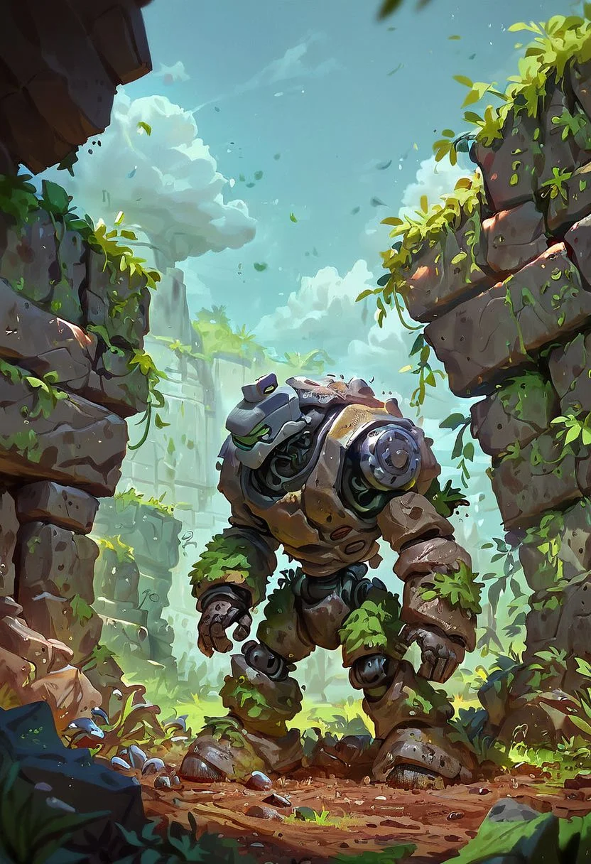 score_9,score_8_up,score_7_up, AUTOMATON,
giant rock golem with plants growing on shoulders, rough rocks, rough stone, unpolished, dirty, ancient, STANDING,