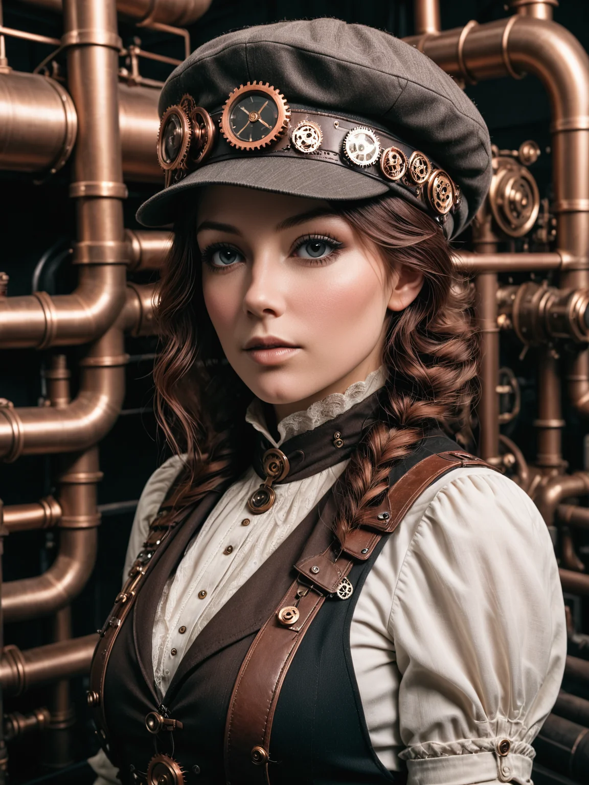 woman wearing a mad-stpk-flcp flatcap, steampunk, portrait, close-up, pipes, tanks, steam <lora:Gearbound_Steampunk_Chic_2_SDXL:0.8>, raw photo, film grain, Fujifilm XT3, (photorealistic, realistic:1.2), deep shadow, 8k, uhd, dslr, ultra high res