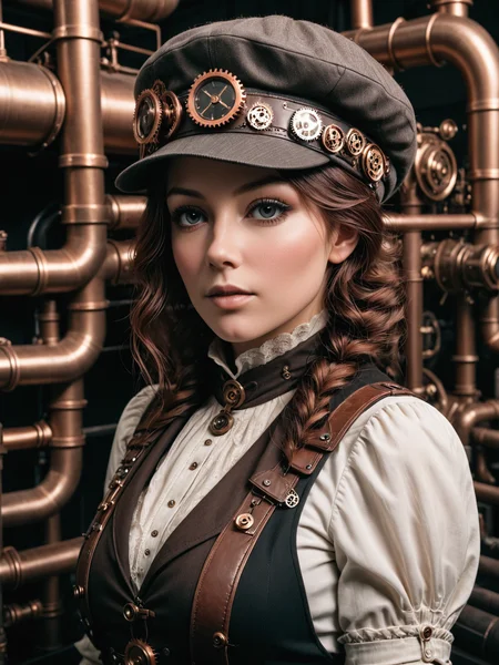 woman wearing a mad-stpk-flcp flatcap, steampunk, portrait, close-up, pipes, tanks, steam <lora:Gearbound_Steampunk_Chic_2_SDXL:0.8>, raw photo, film grain, Fujifilm XT3, (photorealistic, realistic:1.2), deep shadow, 8k, uhd, dslr, ultra high res
