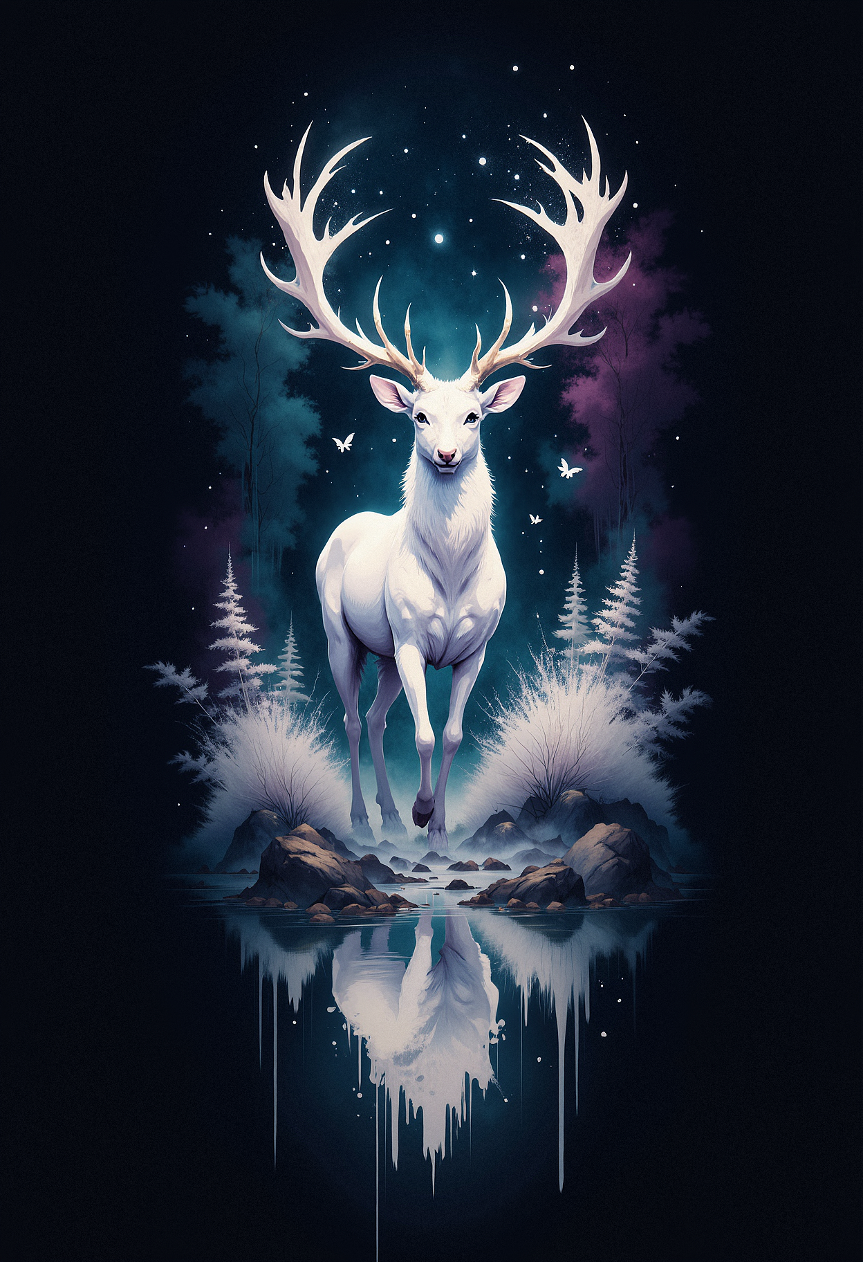 A glowing white stag with ethereal, luminous antlers stands in the center of a dark, enchanted forest. Its body is illuminated with soft white light, and its tall antlers appear to glow with pastel hues of pink, purple, and blue, blending into the surrounding atmosphere. The stag stands still, facing forward, with delicate white leaves floating around it, as if carried by a magical breeze. Its reflection is perfectly mirrored in the calm, dark water at its feet. The stagâs eyes are calm and wise, radiating a sense of mystical serenity.   <lora:aidmaInkStyle-FLUX-V0.1:1> aidmainkstyle,