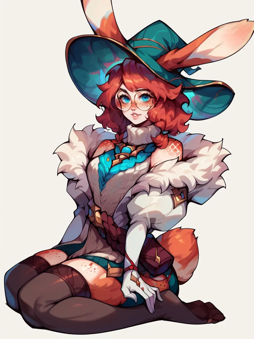 score_9, score_8_up, score_7_up, score_6_up, score_5_up, <lora:AuroraLOLXLP:1> auroralol, 1girl, solo, rabbit ears, round eyewear, blue eyes, freckles, hat, gloves, tail, thighhighs, red hair,