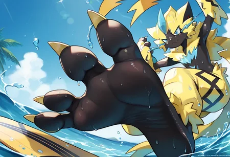 <lora:SlimesZeraora:1>, score_9, score_8_up, score_7_up, slimes_zeraora, solo, dark feet, 3 toes, foot focus, feet style, foot style, water, surfing, feet on surfboard, wet on feet, close-up