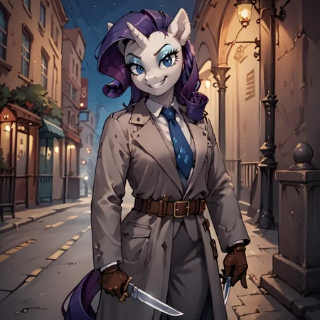 score_9, score_8_up, score_7_up, score_6_up, Rarity, anthro pony, solo, female, trenchcoat, grey suit, tie, brown gloves, night <lora:Blade_Lick_Pony_v1:1> KN1F3L1CKV1, holding_knife, knife, holding_weapon  <lora:redcoatXLv1:1> evil smile, dagger, city street