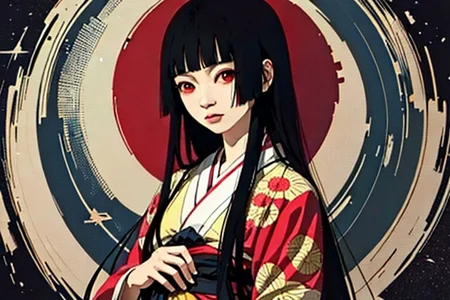 enma ai, hair down, hair black, bangs, eyes red, masterpiece, best quality, ultra-detailed, illustration, 1girl, solo, highres, photorealistic, ultra high res, (Original illustration composition), (fusion of limited color,Maximalism artstyle, kimono fashion, double exposure, background, illustration, Amazing, lily spider