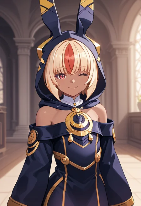score_4,score_5,score_6,score_7_up,score_8_up,score_9 ((masterpiece,best quality,ultra detailed,highres,HD,4k:1.2)), 
1 femboy,((solo,solo focus)),boy focus,face focus,
upper body,
Luxia,dark skin,dark-skinned femalemulticolored hair,blonde hair,short hair,bob cut,sidelocks,hair ornament,head ornament,red eyes,large breast,
long sleeves,bare shoulders,hood up,rabbit hood,animal hood,sleeves past wrists,sleeves past fingers,dress,barefoot,boots,yellow footwear,
smile,happy,closed mouth,wink,
