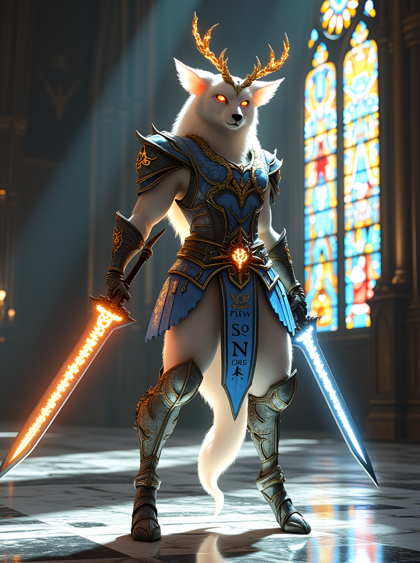 Newfantasycore. This is a highly detailed, digital artwork featuring a fantastical hybrid creature—a mix of a deer and a mythical warrior—standing in the grand hall of a cathedral. Its pale, ethereal white fur is adorned with glowing gold and blue patterns resembling flowers and mechanical designs. Sunlight streams through the stained-glass windows, casting vibrant hues on the polished marble floor.

The creature wears full rune-engraved armor forged from dark metal, glowing with fiery red runes. The armor’s intricate patterns pulse with energy, and across its chest, the runes have a text: "NEW FANTASY CORE."

It wields two massive swords, their jagged edges glowing with blue and gold light. Towering beneath the cathedral’s vaulted ceilings, the creature’s presence merges mysticism and strength, framed by the sacred, colorful light.