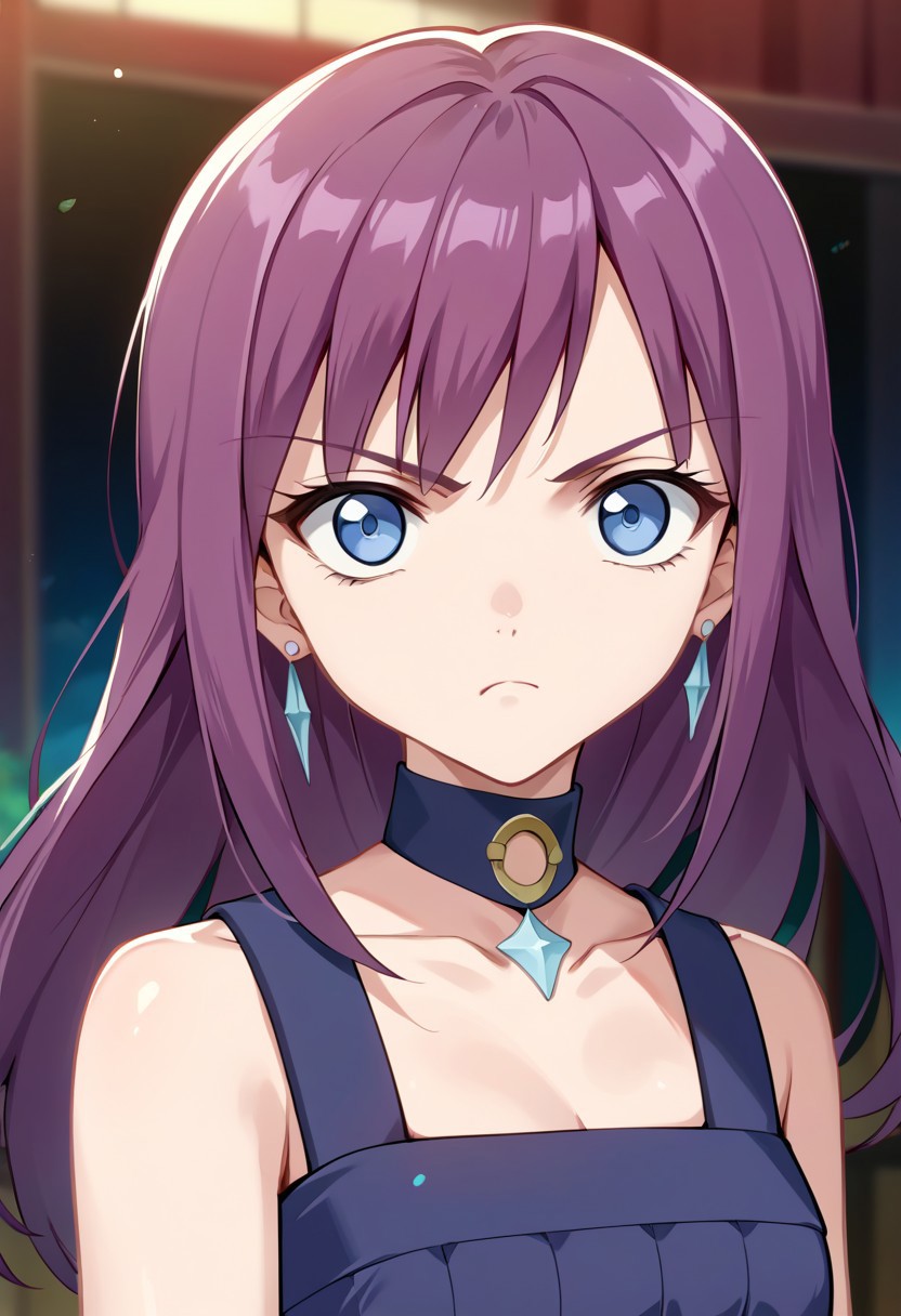 score_9, score_8_up, score_7_up, source_anime, JENNY (BAKUGAN), 1girl, solo, long hair, looking at viewer, bangs, blue eyes, bare shoulders, jewelry, closed mouth, collarbone, upper body, purple hair, earrings, choker, collar, frown, expressionless, gem, serious