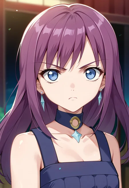 score_9, score_8_up, score_7_up, source_anime, JENNY (BAKUGAN), 1girl, solo, long hair, looking at viewer, bangs, blue eyes, bare shoulders, jewelry, closed mouth, collarbone, upper body, purple hair, earrings, choker, collar, frown, expressionless, gem, serious