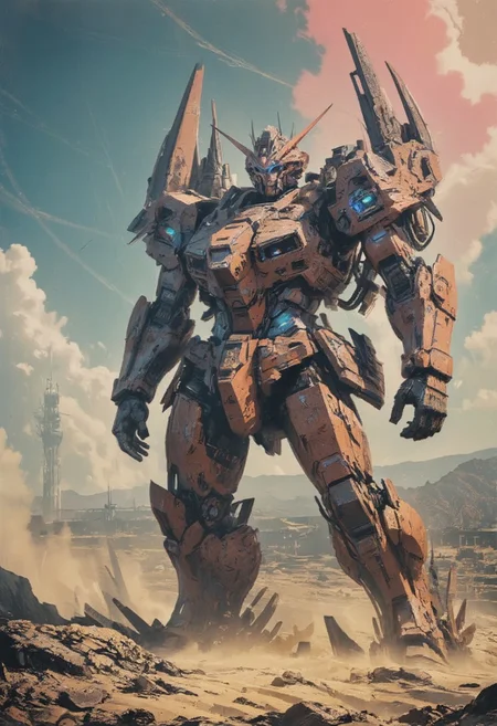 Faded neon colors of the 80s, washed-out pastel tones in spectral hues, combined with dystopian beige and gray. Retro scan of an 80s anime sci-fi book, lofi, grainy, vintage, melancholic yet futuristic.
A digital painting in the style of ck-js: Towering, weathered Gundam Robots and mechwarrior wrecks rise like colossal skyscrapers into the washed-out sky. Some shells remain taut, shimmering in faded neon hues of pink, cyan, and violet as they desperately capture the last energy of the pale sun. Others torn and broken, their jagged edges flapping in a slow, ghostly wind. Below, the barren desert stretches endlessly in cracked beige and muted gray, its fractured surface echoing the desolation of the world.
Among the outworn Gundam Robots mechs lie abandoned structures: a translucent, gray plastic villa, eroded by sand, and a faintly glowing observation tower emitting soft pastel neon light. The horizon blurs into a swirling haze of dust, with the dim, dystopian sun casting long, harsh shadows across the wasteland. The composition is cinematic, with volumetric lighting, soft shadows, and a subtle film grain that adds to the vintage, otherworldly atmosphere. This hyper-detailed, hyper-realistic scene captures a melancholic beauty, blending faded 80s neon nostalgia with the stark decay of a dystopian future.