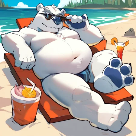 score_9, score_8_up, score_7_up, score_6_up, score_5_up, score_4_up, herbert p. bear, polar bear, chubby, fat, blue nose, thick eyebrows, three toes, outside, beach background, beach scenery, water, relaxing, laying down, looking at viewer, sunglasses, barefoot,