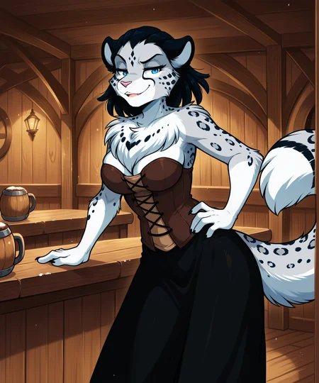 solo, furry female anthro, medium breasts, large breasts, corset, black skirt, smug, (indoors, tavern)
<lora:Adira-Twokinds-ILXL-AnonTK-V3:0.8> , adira-riftwall-twokinds, keidran, mammal, snow leopard tail, blue eyes, medium hair