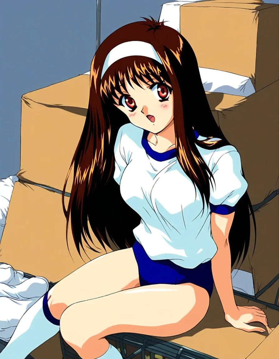 score_9, score_8_up, score_7_up, source_anime, rating_explicit, BREAK <lora:Yuuki_Mizuho_OVA_XL:1>1990s \(style\),anime coloring,
Yuuki_Mizuho_OVA, 1girl,solo,long hair, brown hair, white hairband, red eyes, breasts, solo, BREAK,
gym uniform, buruma, vaulting horse, blue buruma, sitting, cardboard box, box, open mouth, gym storeroom, bag, short sleeves, looking at viewer, indoors, shirt, socks, blush,