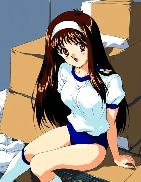 score_9, score_8_up, score_7_up, source_anime, rating_explicit, BREAK <lora:Yuuki_Mizuho_OVA_XL:1>1990s \(style\),anime coloring, 
 Yuuki_Mizuho_OVA, 1girl,solo,long hair, brown hair, white hairband, red eyes, breasts, solo, BREAK,
gym uniform, buruma, vaulting horse, blue buruma, sitting, cardboard box, box, open mouth, gym storeroom, bag, short sleeves, looking at viewer, indoors, shirt, socks, blush,