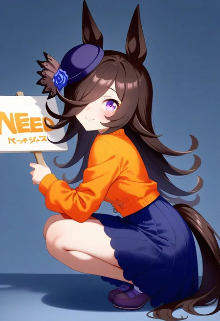 (umamusume,rice_shower_(umamusume),) 1girl, long_hair, long_sleeves,, solo, (need_buzz, buzz, need_buzz, holding sign, holding sign ),
, blood orange style,from side,
orange flower, orange jacket, orange rose,
(animal_ears, blue_skirt, brown_hair, flower, hair_over_one_eye, hat, horse_ears, horse_girl, horse_tail, jacket, long_hair, looking_at_viewer, purple_eyes, purple_hat, rose, skindentation, skirt, smile, solo, standing, tail,
linea_alba,squatting, looking at viewer, tilted_headwear, shaded face, fake smile, nervous sweat, wavy mouth, , very awa, :0.8)
