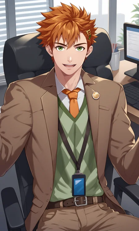 score_9, score_8_up, score_7_up, masterpiece, best quality, lots of details, ((1boy)), solo, male focus, Hisami, open mouth, green eyes, orange hair, smile, sitting, on office chair, id card, looking at viewer, belt, brown jacket, brown pants, hair ornament, jacket, long sleeves, necktie, pants, shirt, shaded, detailed shading, detailed skin, shaded skin, realistic shading, Expressiveh, countershading:1.1, office interior, indoors, <lora:add-detail-xl:0.7>, <lora:Smooth Anime 2 Style SDXL_LoRA_Pony Diffusion V6 XL:0.8>, <lora:Expressive_H:0.8>, <lora:Hisami_XL_V10_OPT:0.9>