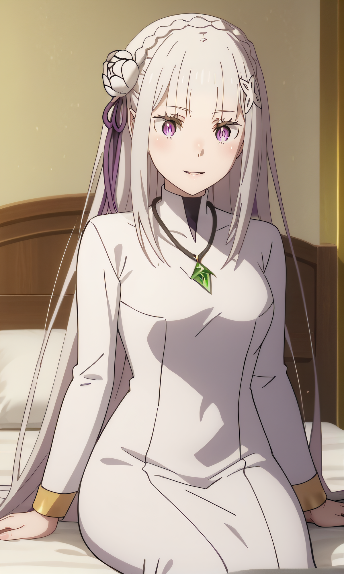 score_9, score_8_up, score_7_up, source_anime, rating_safe, intricate details, anime screencap, official style, anime coloring, 1girl, solo, <lora:3rdSEmilia:1>, altemilia, emilia (re:zero), long dress, long sleeves, necklace, turtleneck, looking at viewer, smile, indoor, cowboy shot, sitting on bed, parted lips, smile