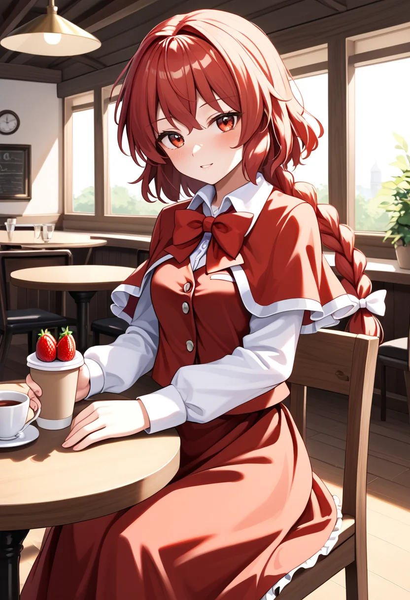 score_9_up, score_8_up, score_7_up, BREAK source_anime, (masterpiece), (best quality), okazaki yumemi, red hair, bow, red eyes, long hair, capelet, braid, red skirt, vest, white shirts, long sleeves, braid, red capelet, cafe, holding a strawberry, blushed, looking at viewer, sitting on chair, cup of strawberry smoothie on table, (from front:0.5), (ultra detailed), sunlight, shine, <lora:yumemi_okazaki(touhou)-V1:1>