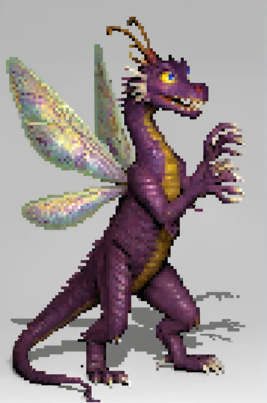 score_9, score_8_up, score_7_up, BREAK,
heroes3, pixel art, from side, faerie dragon, dragon, 1boy, male, solo, full body, purple scales, long tail, insect wings, antennae, big eyes, blue eyes, yellow sclera, white claws, yellow accents, standing, hands up, mouth closed, white background,
, <lora:HoMMv6_S98:1>,