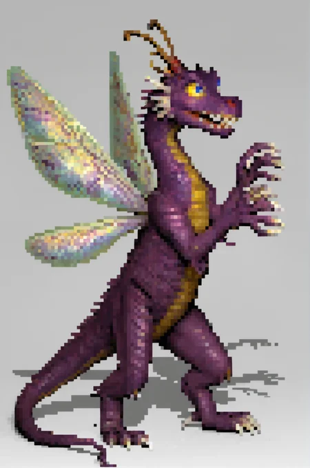 score_9, score_8_up, score_7_up, BREAK,
heroes3, pixel art, from side, faerie dragon, dragon, 1boy, male, solo, full body, purple scales, long tail, insect wings, antennae, big eyes, blue eyes, yellow sclera, white claws, yellow accents, standing, hands up, mouth closed, white background,
, <lora:HoMMv6_S98:1>,