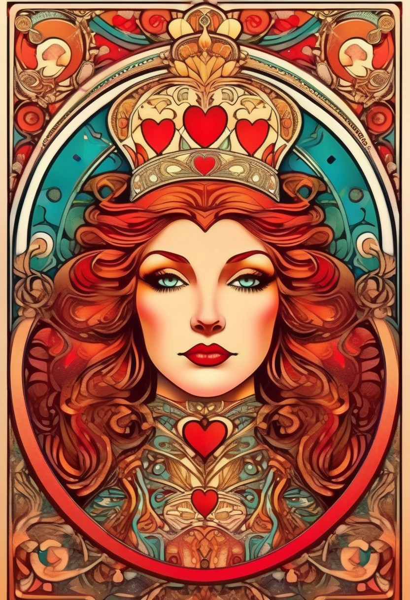 Playing card Queen of Hearts face card. Unique, artistic art nouveau, Alphonse Mucha Style page, lion king style art, colorful, detailed, 8k