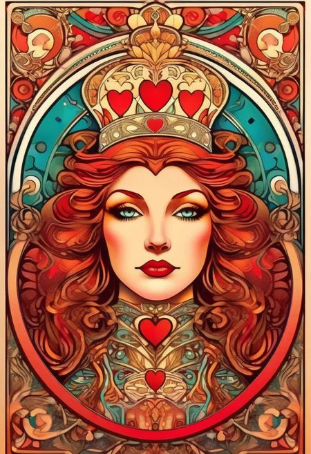 Playing card Queen of Hearts face card. Unique, artistic art nouveau, Alphonse Mucha Style page, lion king style art, colorful, detailed, 8k