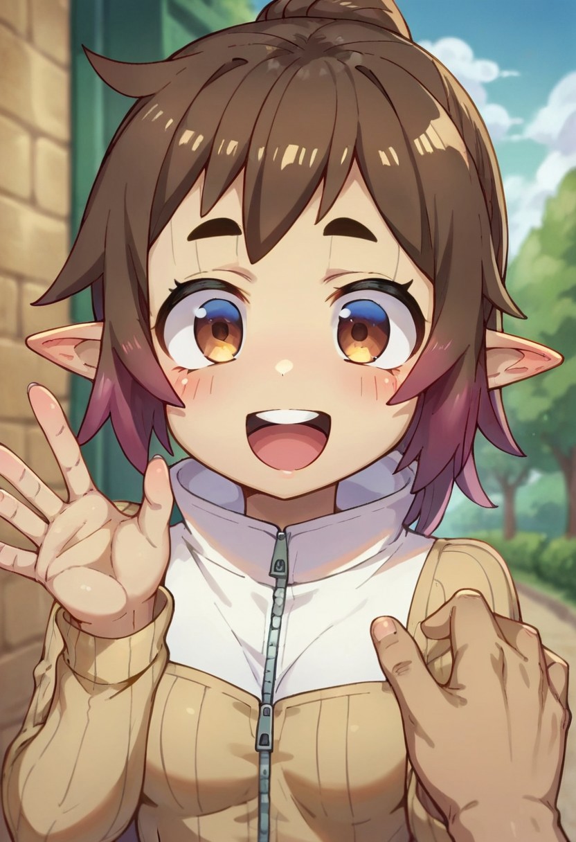 score_9, score_8_up, score_7_up, source_anime, lovenet, looking at viewer, :d, hand up, blush, zipper pull tab, pointy ears, upper teeth only, POV, smile, open mouth