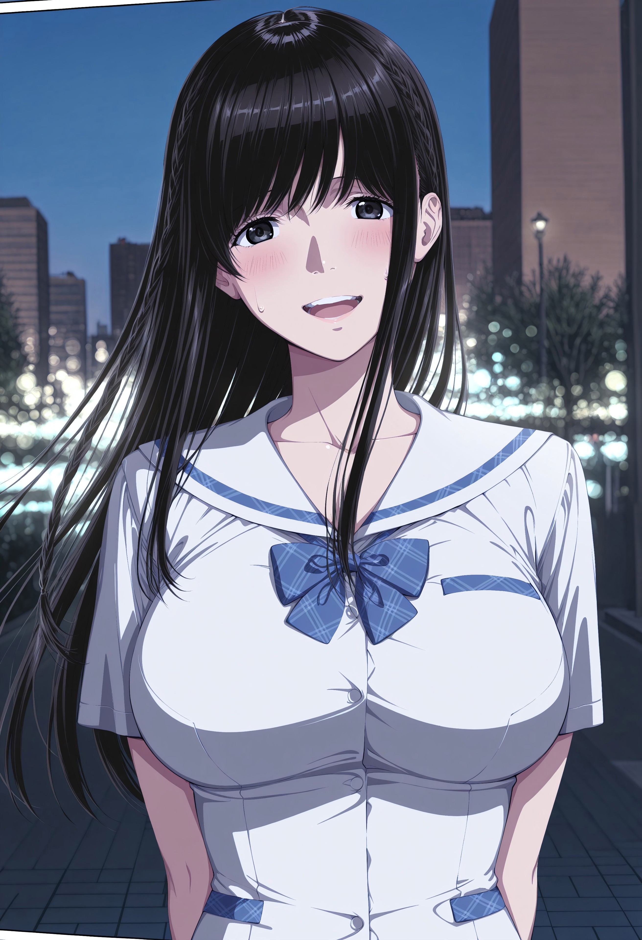 ultra-detailed,detailed face, score_9, score_8_up, score_7_up, source_anime,(extremely detailed CG), (best quality),
1girl, solo, long hair, breasts, black hair, school uniform, large breasts, open mouth, smile, blush, looking at viewer, black eyes, braid, mai