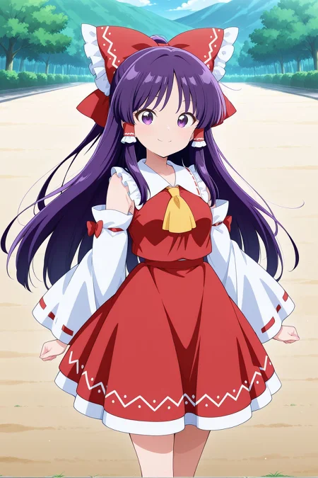 absurdres, highres, masterpiece, best quality, amazing quality, official anime artwork, screencap, anime screencap, outdoors, smile, looking at viewer, dynamic pose, standing,
<lora:Reimu-Hakurei-PC98_Illustrious:1>  Reimu98, 1girl, solo, purple eyes, purple hair hair, long hair, sidelocks, small breasts,, hair bow, hair tubes, frilled bow, yellow ascot, red shirt, ribbon-trimmed detached wide sleeves, red skirt,
