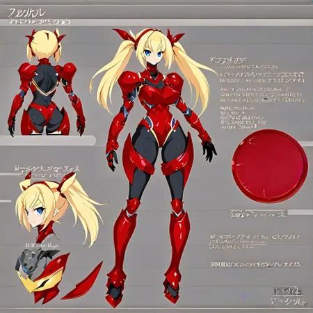 a girl wearing a red mech armor with a black leotard, thigh, blonde, twintail, blue eyes,  model sheet,  multiple views of the same character,model sheet,chatacter sheet