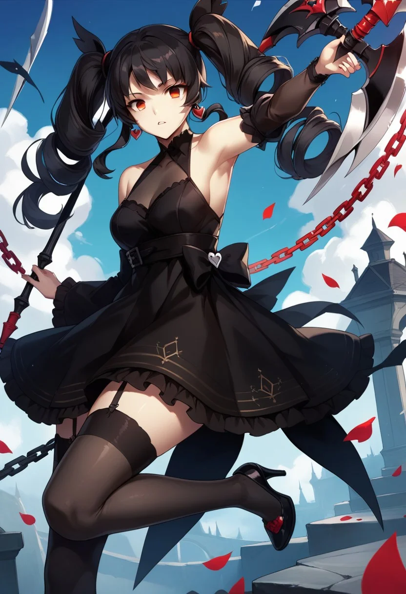 score_9,score_8_up,score_7_up,source_anime, Lily Bloommerchen,1girl,solo,long hair,breasts,looking at viewer,bangs,black hair,hair ornament,red eyes,thighhighs,dress,holding,bare shoulders,twintails,jewelry,standing,full body,weapon,heart,earrings,frills,parted lips,detached sleeves,striped,armpits,black footwear,holding weapon,black dress,arm up,high heels,petals,chain,garter straps,drill hair,twin drills,scythe,axe,watson cross,