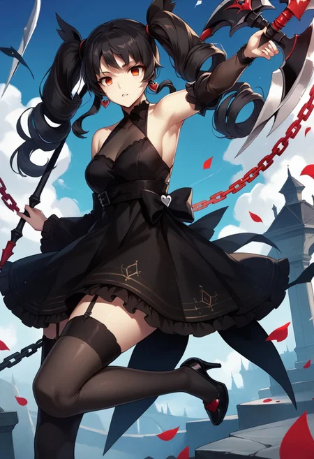 score_9,score_8_up,score_7_up,source_anime, Lily Bloommerchen,1girl,solo,long hair,breasts,looking at viewer,bangs,black hair,hair ornament,red eyes,thighhighs,dress,holding,bare shoulders,twintails,jewelry,standing,full body,weapon,heart,earrings,frills,parted lips,detached sleeves,striped,armpits,black footwear,holding weapon,black dress,arm up,high heels,petals,chain,garter straps,drill hair,twin drills,scythe,axe,watson cross,