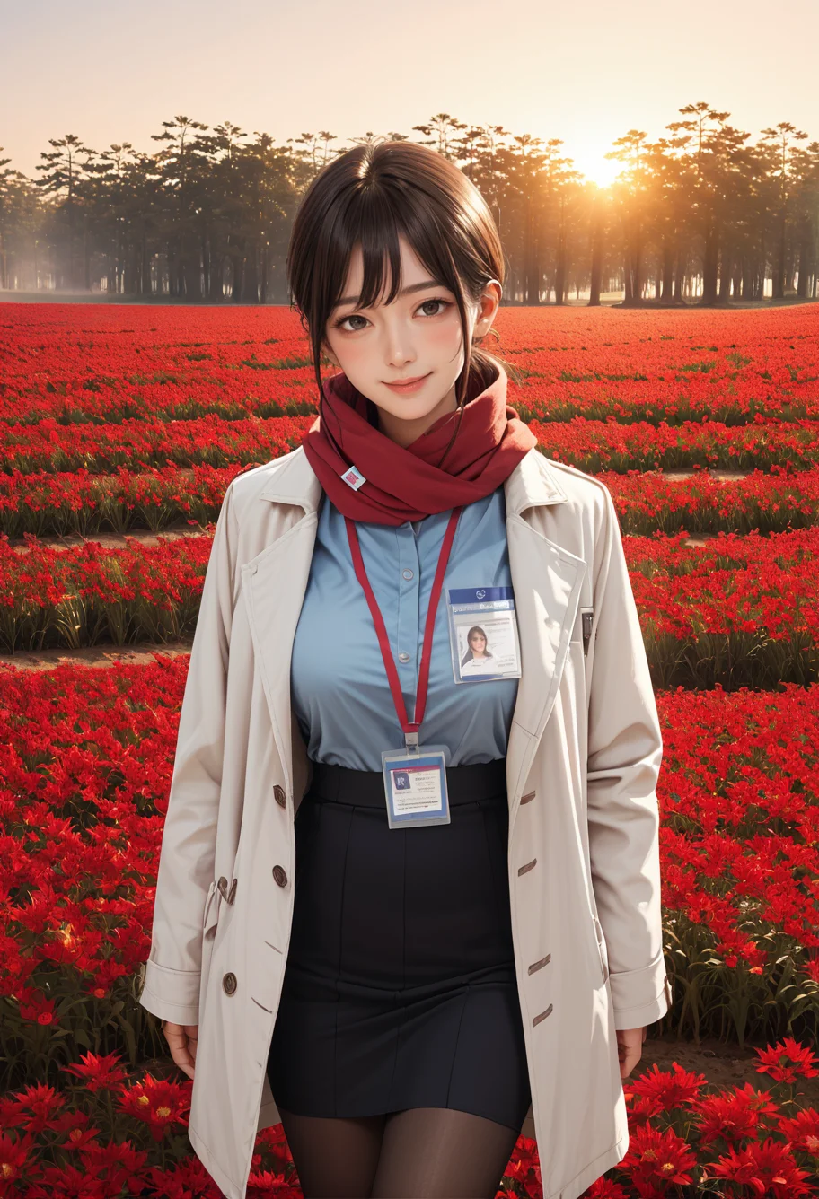 ,ruanyi0956,flower field,outdoors,sunset,,ruanyi0904,black skirt,blue shirt,coat,red scarf,red lanyard,ID card,black pantyhose,<lora:0956 Red flowers everywhere_v1_pony:0.8>,<lora:0904 Douki Chan clothing_v1_pony:0.7>, score_9, score_8_up, score_7_up, score_6_up, score_9, score_8_up, score_7_up, score_6_up source_anime, blush, 1girl, seduce smile, perfect body , natural huge breasts