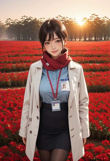 ,ruanyi0956,flower field,outdoors,sunset,,ruanyi0904,black skirt,blue shirt,coat,red scarf,red lanyard,ID card,black pantyhose,<lora:0956 Red flowers everywhere_v1_pony:0.8>,<lora:0904 Douki Chan clothing_v1_pony:0.7>, score_9, score_8_up, score_7_up, score_6_up, score_9, score_8_up, score_7_up, score_6_up source_anime, blush, 1girl, seduce smile, perfect body , natural huge breasts
