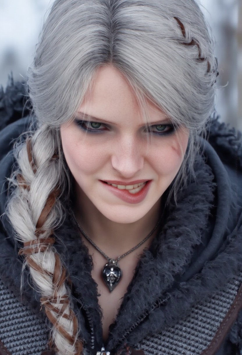 closeup portrait of ciri4  with piercing eyes  wearing armor, silver color braided hair, looking down  , eyeliner  <lora:ciriWitcher4Flux:1>  ,saying " finally a gwent player"