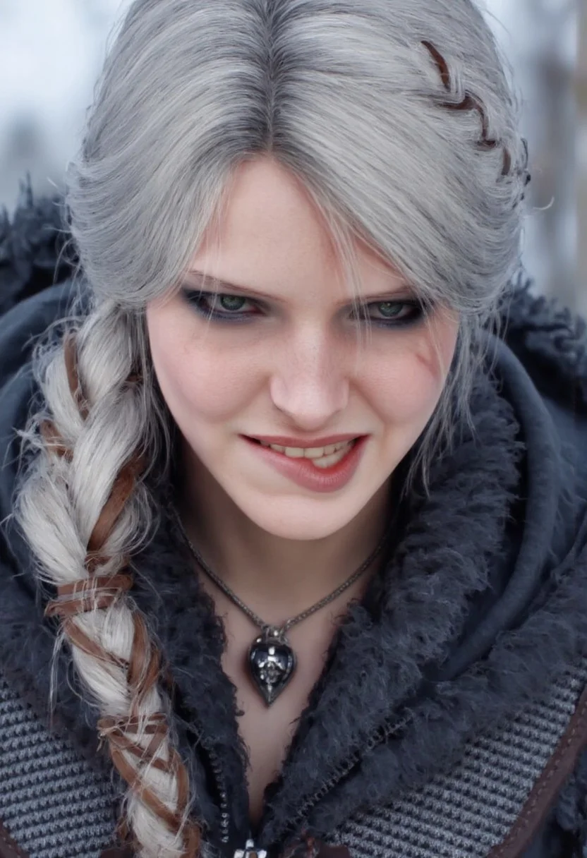 closeup portrait of ciri4 with piercing eyes wearing armor, silver color braided hair, looking down , eyeliner <lora:ciriWitcher4Flux:1> ,saying " finally a gwent player"