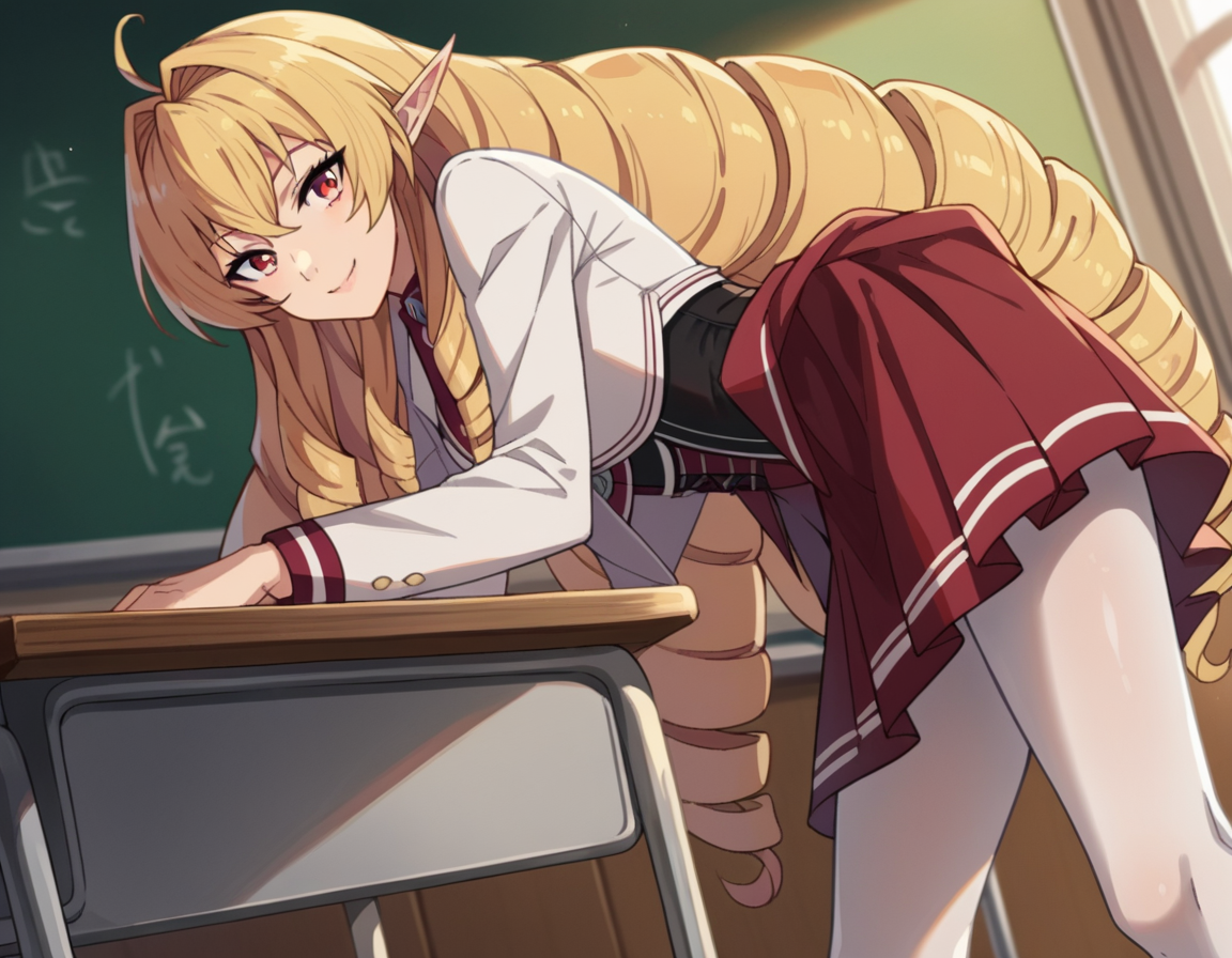 score_9, score_8_up, score_7_up, source_anime,
elinalisedragonroad, <lora:elinalise-dragonroad-s2-ponyxl-lora-nochekaiser:1>,
elinalise dragonroad, long hair, blonde hair, very long hair, ahoge, pointy ears, drill hair, red eyes,
skirt, long sleeves, pantyhose, frills, shoes, red skirt, loafers, white pantyhose, blazer, white blazer, corset, black corset,
indoors, classroom, bent over, smile,
looking at viewer, dutch angle, cowboy shot,