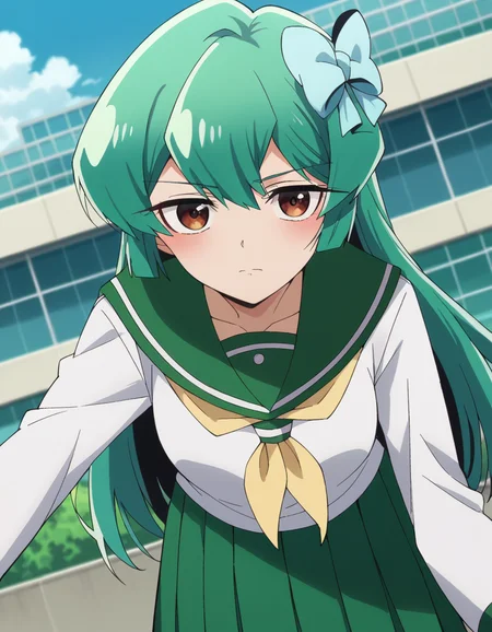 score_9, score_8_up, score_7_up, source_anime,
sayominakami, <lora:sayo-minakami-ponyxl-lora-nochekaiser:1>
sayo minakami, long hair, brown eyes, bow, hair bow, green hair,
skirt, shirt, long sleeves, school uniform, white shirt, pleated skirt, serafuku, sailor collar, neckerchief, green skirt, green sailor collar,
outdoors, cityscape, bent over,
looking at viewer, dutch angle, cowboy shot