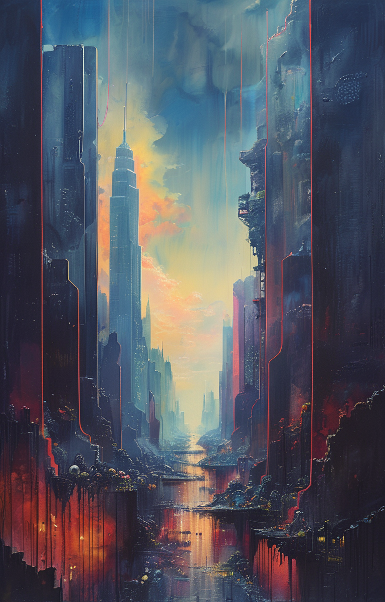 masterpiece,best quality,<lora:tbh222-sdxl:0.9>,illustration,style of Ronnie Landfield cyberpunk city
