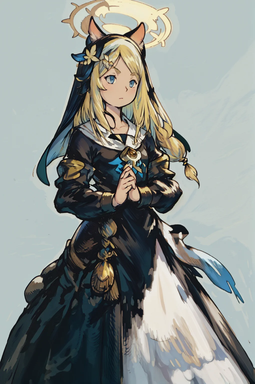 (Yoshida_Akihiko_PonyXL_style_v02.10.01:1.0), solo, 1girl, (chibi:0.7), blue background, halo, mari iochi, long hair, blue eyes, animal ears, orange hair, halo, yellow halo, braid, single braid, animal ear headwear, armband, blue neckerchief, bow, collarbone, flower, frilled sleeves, frills, habit, hair flower, hair ornament, long skirt, long sleeves, neckerchief, nun, puffy long sleeves, puffy sleeves, sailor collar, skirt, hands praying, (Bravely Default Style), yoshida akihiko, blue eyes, yellow halo, <lora:pony\char\game\ba\mari-iochi-ponyxl-lora-nochekaiser.safetensors>, <lora:pony\style\Yoshida_Akihiko_PonyXL_style_v02.10.01.safetensors>, <lora:styles\yoshida_akihiko_offset.safetensors>, <lora:styles\BravelyDefault.safetensors>, <checkpoint:[Pony] duchaitenPonyXLNo_v35.safetensors>, <checkpoint:[SD15] tfmCutesyAnime2_genesis.safetensors>