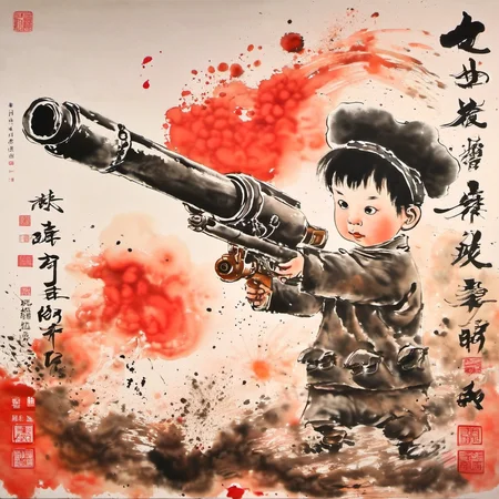 ink-painting,1boy,holding gun,traditional media,weapon,chinese text,no humans,bullet,1boy,solo,military,cannon,<lora:Ath_ink-paintingXL:1>,