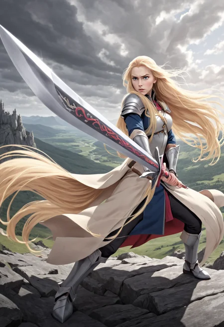 1girl, 
brave perspective, holding sword, 
very long blonde hair, wind, heroic,
dynamic,
scenery,
 <lora:brave-perspective:1>