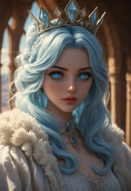 A detailed Gothic tower made of transparent ice with blue shades stands tall. At its base, there are orange desert sands. The sky above is beautiful with fluffy clouds. Ice crystals decorate the tower.
BREAK
1girl, solo, most beautiful 23 yo girl.
At the top, the Snow Queen looks out of a window. Her blue eyes, without pupils, express sadness. She has white skin and wears luxurious medieval winter clothing. Her light blue hair is straight and fluffy like snow, and she wears an ice crown on her head.
(ice interior)
(8k uhd:1,4)
<lora:add-detail-xl:1>
<lora:Dynamic Poses:1>