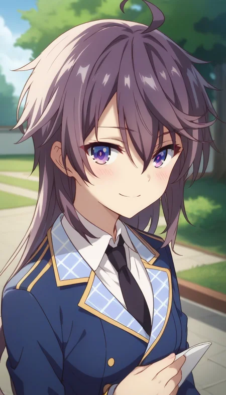 score_9,score_8_up,score_7_up,score_6_up BREAK official art,1girl,solo,outdoors,upper body,(portrait:1.5),looking at viewer,facing viewer,smile,blush,Leonis Death Magnus,ahoge,long hair,purple hair,hair between eyes,bangs,purple eyes,school uniform,blue jacket,blazer,double-breasted,black necktie,collared shirt,white shirt,long sleeves,medium breasts,belt,black pants,loafers,black footwear,<lora:Leonis Death Magnus(sgmt)-Pony:1.4>,