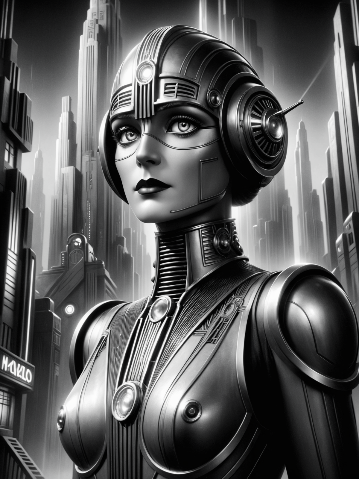 android, futuristic, stylized, art deco, expressionist, 1920s, black and white <lora:Metropolis_Movie_Style_SDXL:0.8> mad-ropolis-movie, (masterpiece:1.2), best quality, (hyperdetailed, highest detailed:1.2), high resolution textures