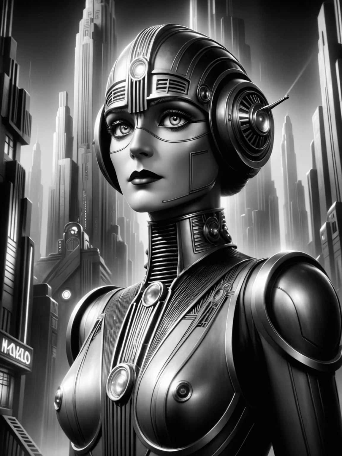 android, futuristic, stylized, art deco, expressionist, 1920s, black and white <lora:Metropolis_Movie_Style_SDXL:0.8> mad-ropolis-movie, (masterpiece:1.2), best quality, (hyperdetailed, highest detailed:1.2), high resolution textures